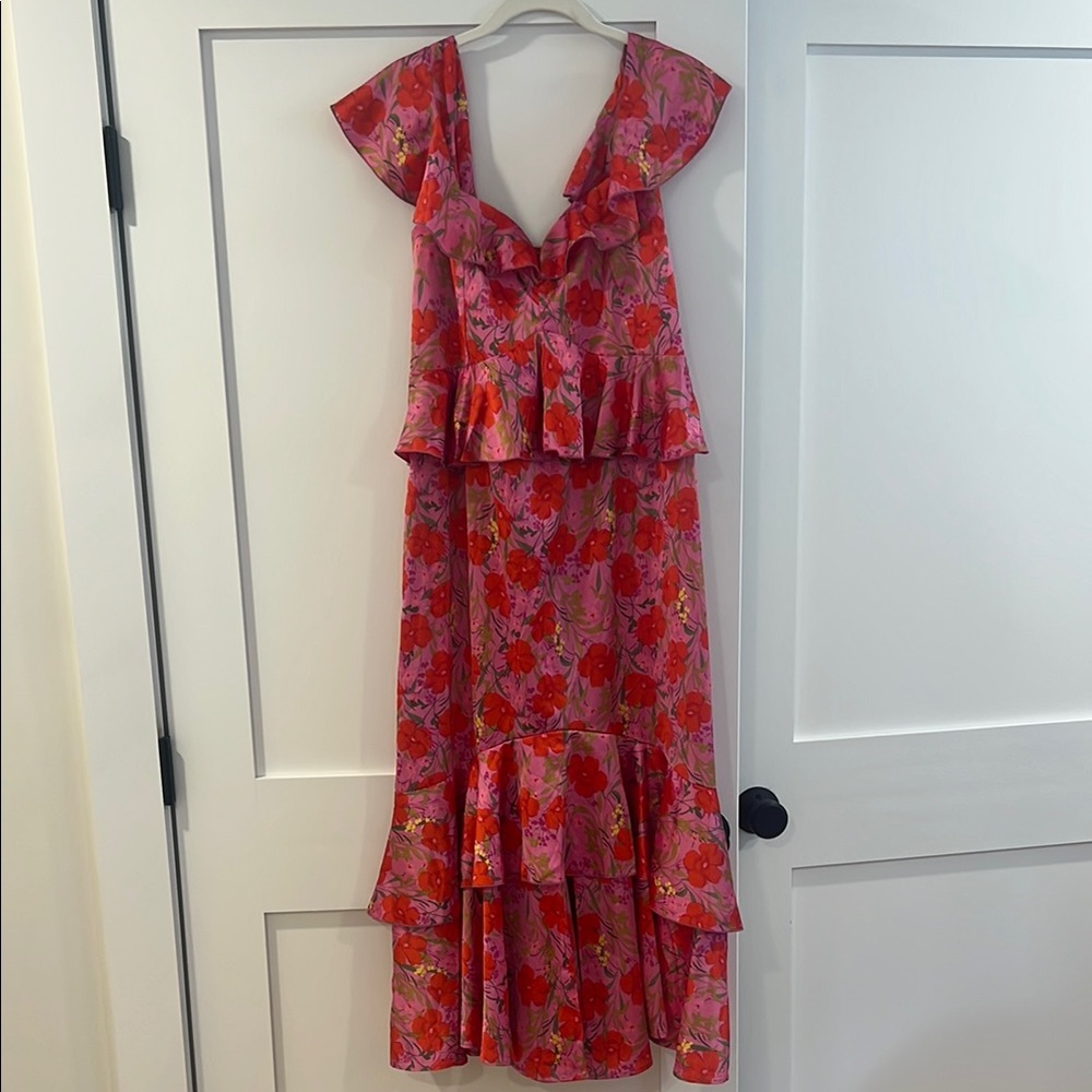 Show Me Your MuMu Reese Smooch Floral Ruffle Midi Dress - Pink and Red